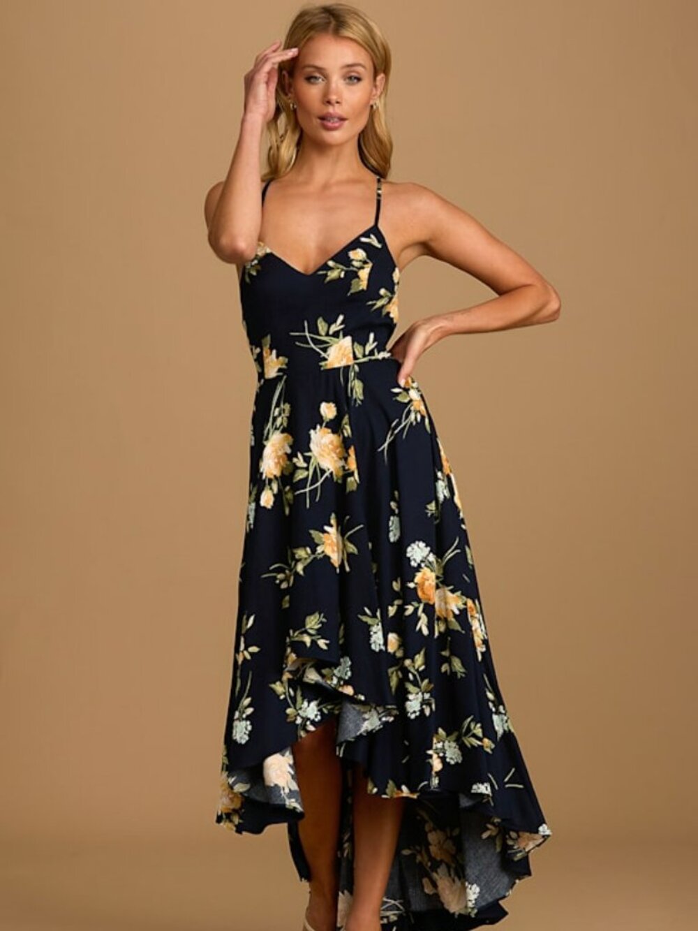 Lulus Best Times Navy Blue Floral Print Lace-up High-low Maxi Dress - Size M